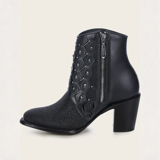 Cuadra Black Stingray Crystal Ankle Bootie side profile view