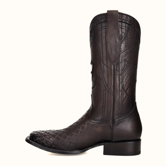 Cuadra engraved black leather western boot side profile
