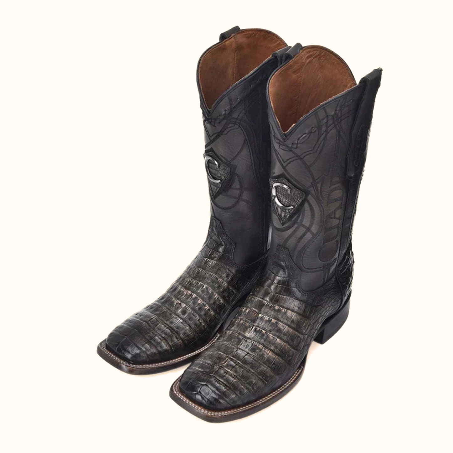 Cuadra Atlantic Sand Caiman embroidery square toe western boot pair view