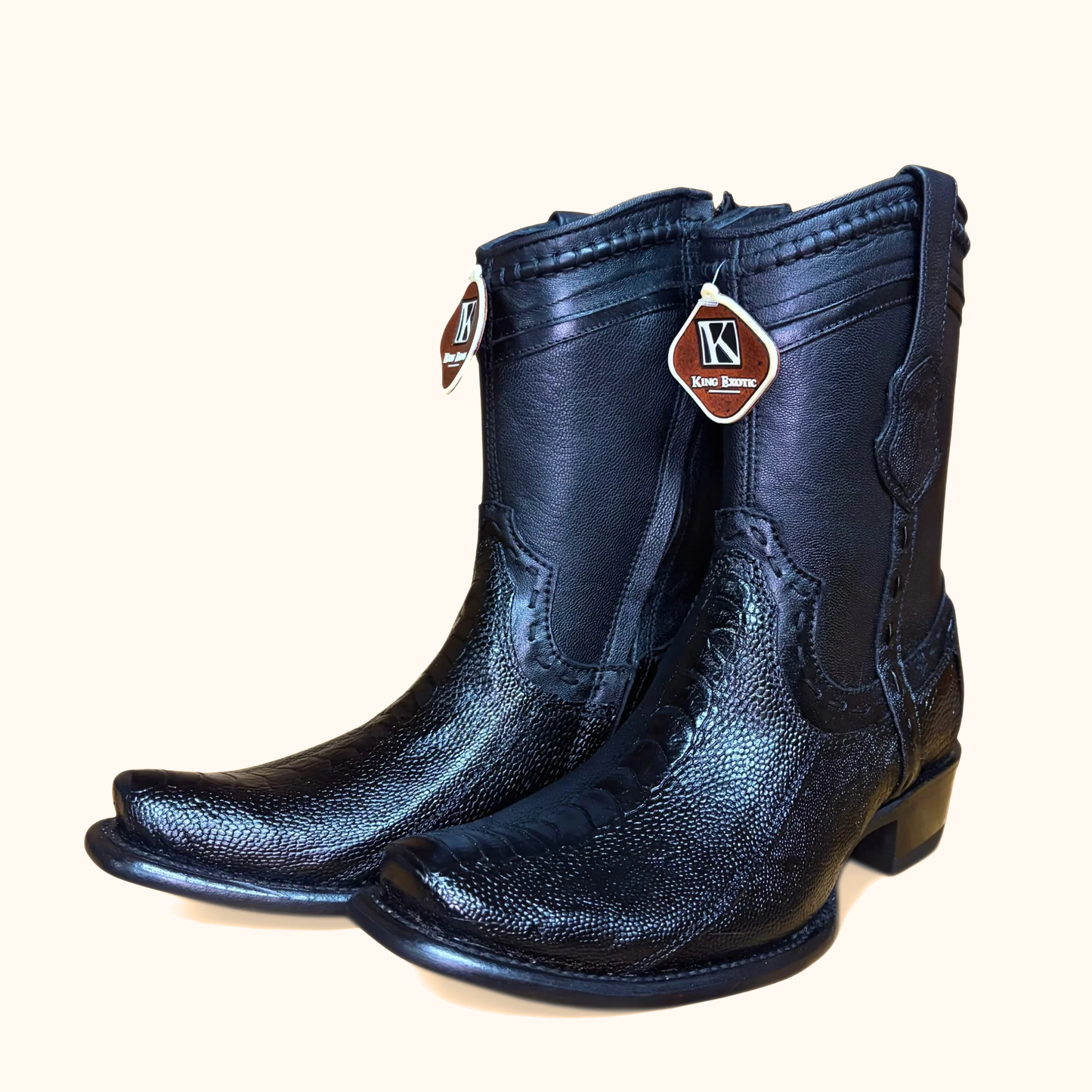 King Exotic Black Ostrich Leg Dubai Short Boot pair standing view