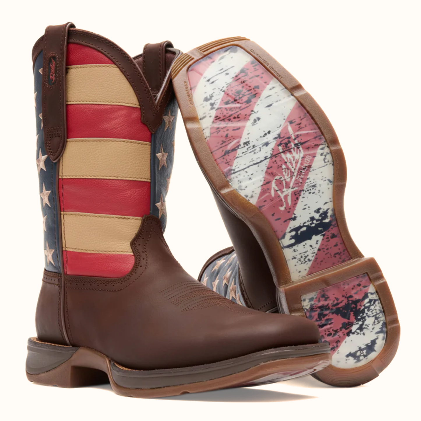 Pair of Durango Rebel Patriotic Pull-On Western Flag Boots in brown with American flag design