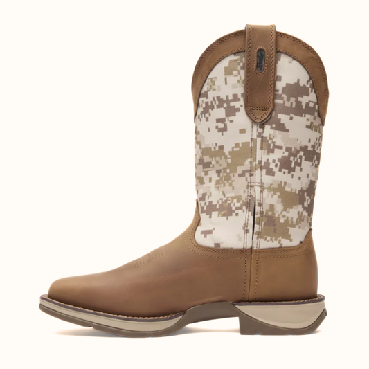 Durango Rebel Desert Camo Pull-On Western Boot side view in tan with desert camo shaft