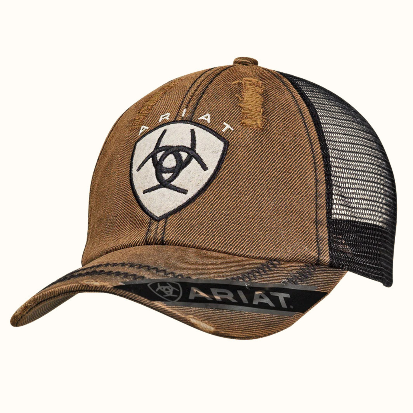 Ariat Distressed Shield Logo Ball Cap Brown/Black | Bronco Yard