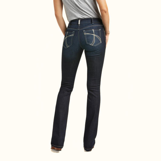 Ariat Women’s R.E.A.L. Perfect Rise Contessa Boot Cut Jeans Blue back standing view