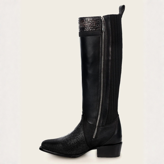 Cuadra Black Stingray Leather Knee High Boots side profile