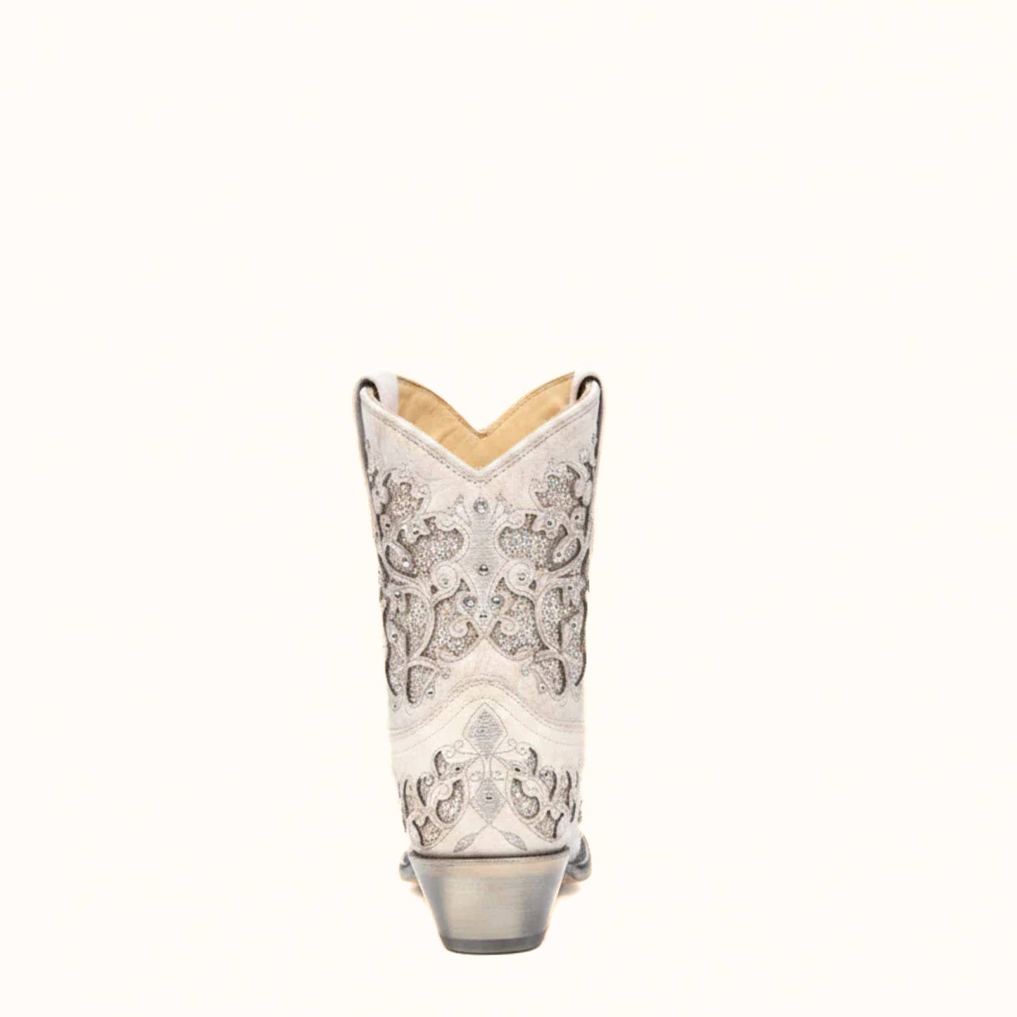 Rear profile of Corral white wedding cowboy bootie with crystal detailing