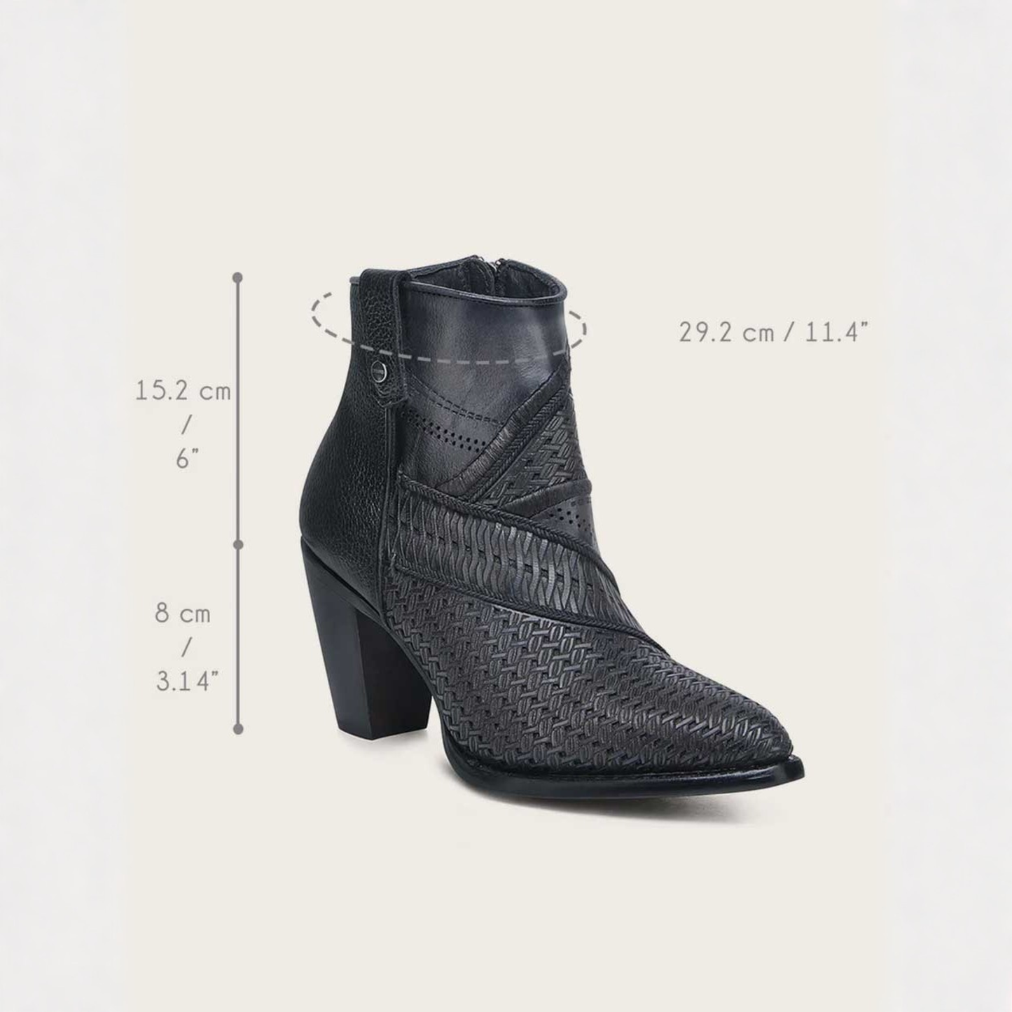 Cuadra Oxford Laser & Embroidery Studs & Zipper Round Toe Bootie front angle view with dimensions