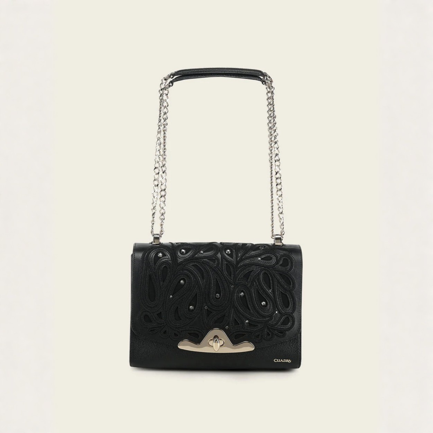 Cuadra Black Leather Crystal Shoulder Bag