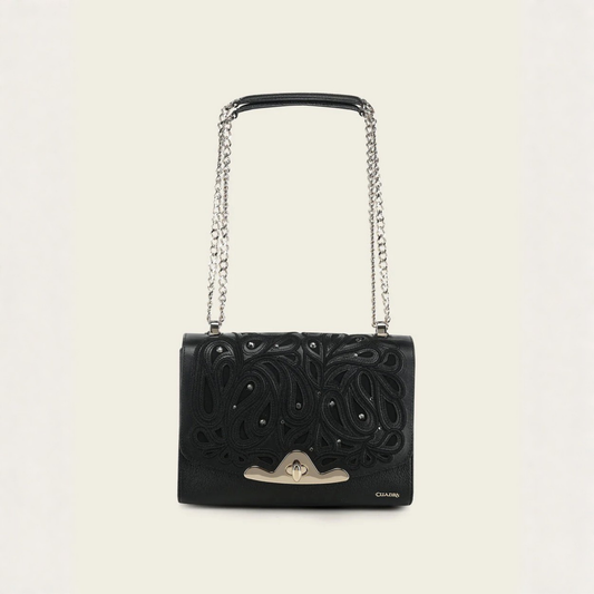Cuadra Black Leather Crystal Shoulder Bag front view