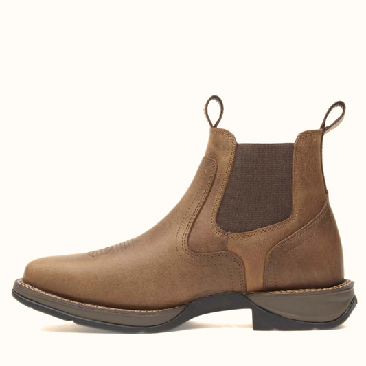 Durango Red Dirt Rebel Chelsea Boot angled side view in brown leather