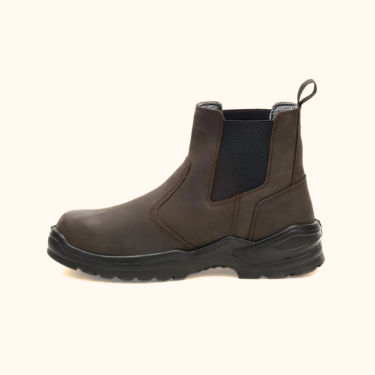 CAT Striver Chelsea Waterproof Steel Toe Work Boot side view in brown leather