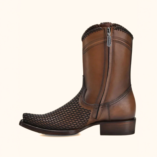 Side profile view of Cuadra Denver Brown Laser & Woven Narrow Square Toe Boot
