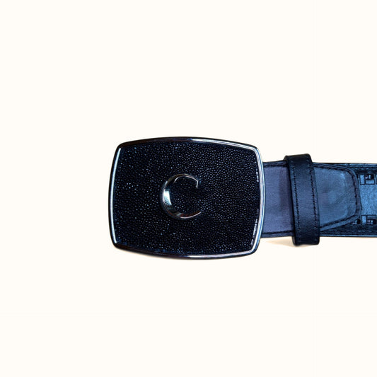 Cuadra Men’s Black Stingray Lazer and Woven Belt showing buckle and strap