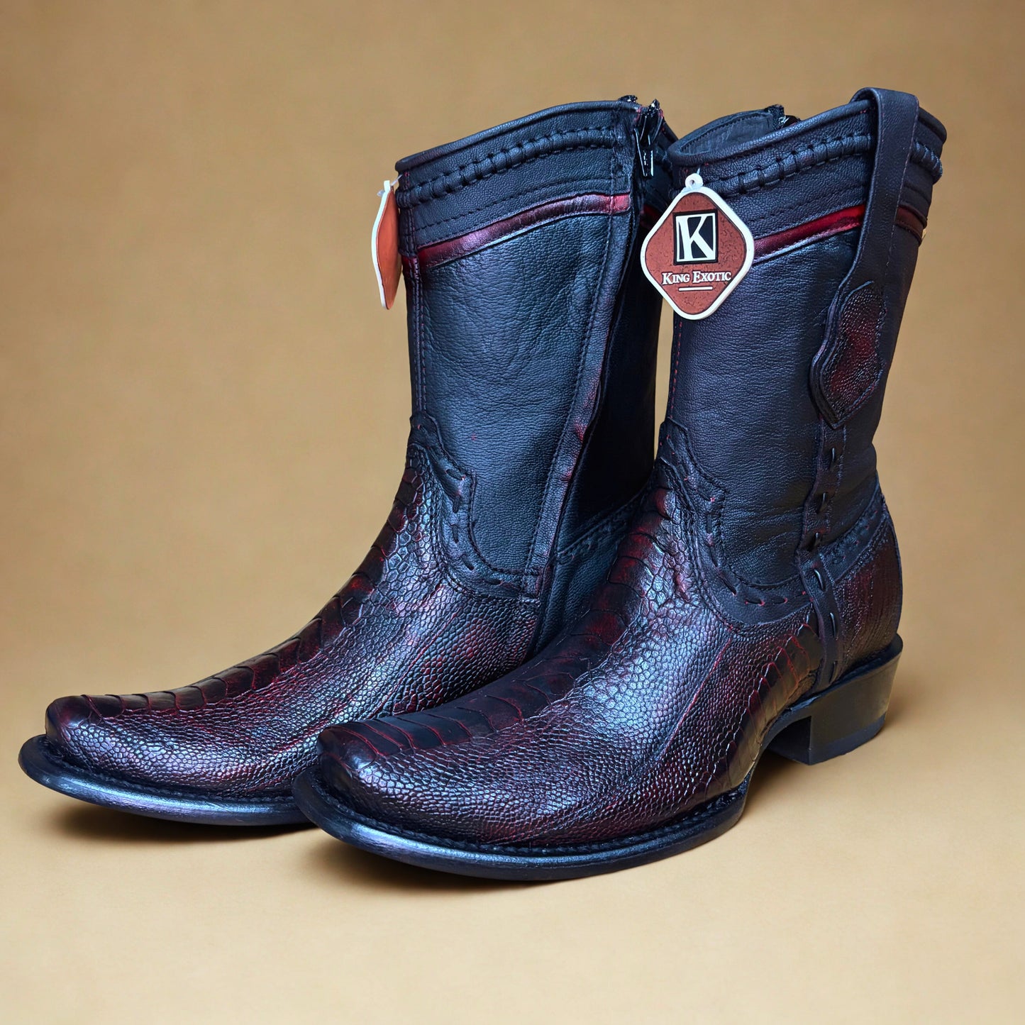 King Exotic Black Cherry Ostrich Leg Short Boot pair view