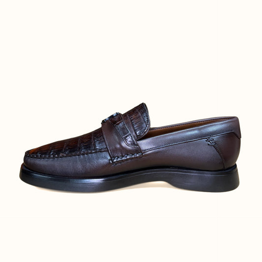 Cuadra Men’s Brown Caiman Slip-On Round Toe Loafer side view in brown leather