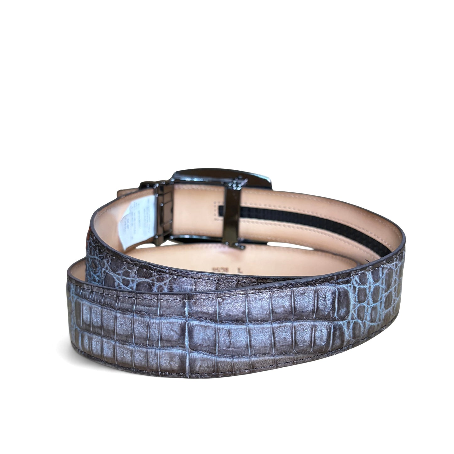 Cuadra Men’s Grey Caiman Stitching Belt rolled view showing inner leather and buckle