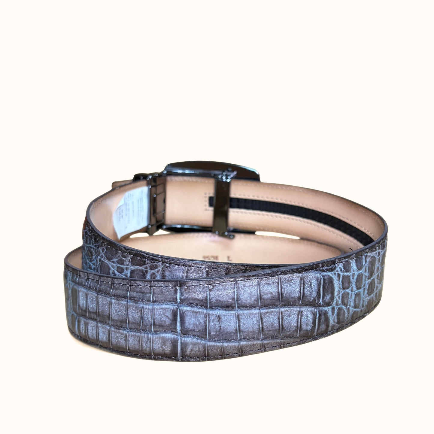 Cuadra Men’s Grey Caiman Stitching Belt rolled view showing inner leather and buckle
