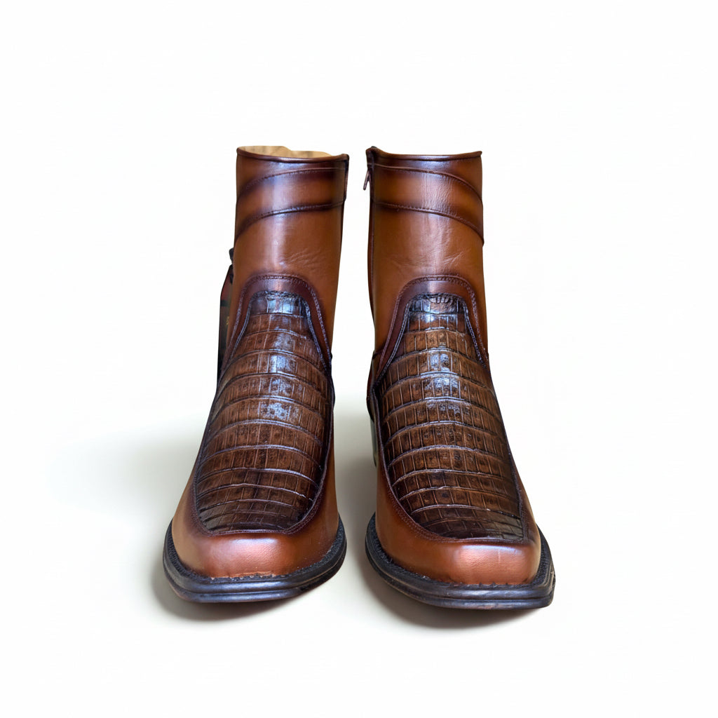 Caiman Belly Faded Brown Narrow Square Toe Boot