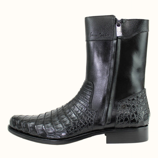 Cuadra caiman leather zipper round toe boot in black