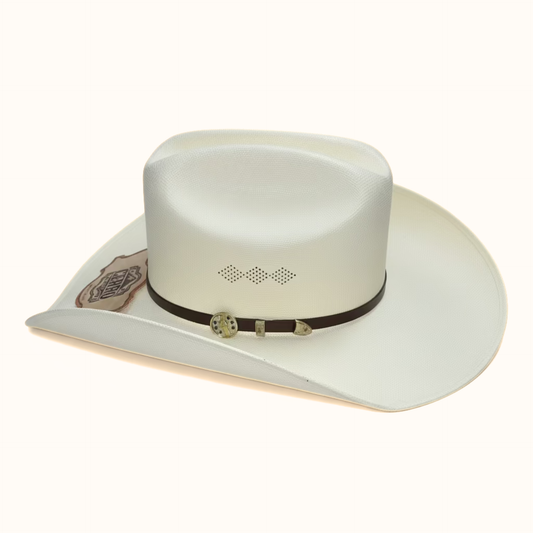 Cerro 1000X San Judas Brown Hat Band Hat back angled view in beige with decorative hatband