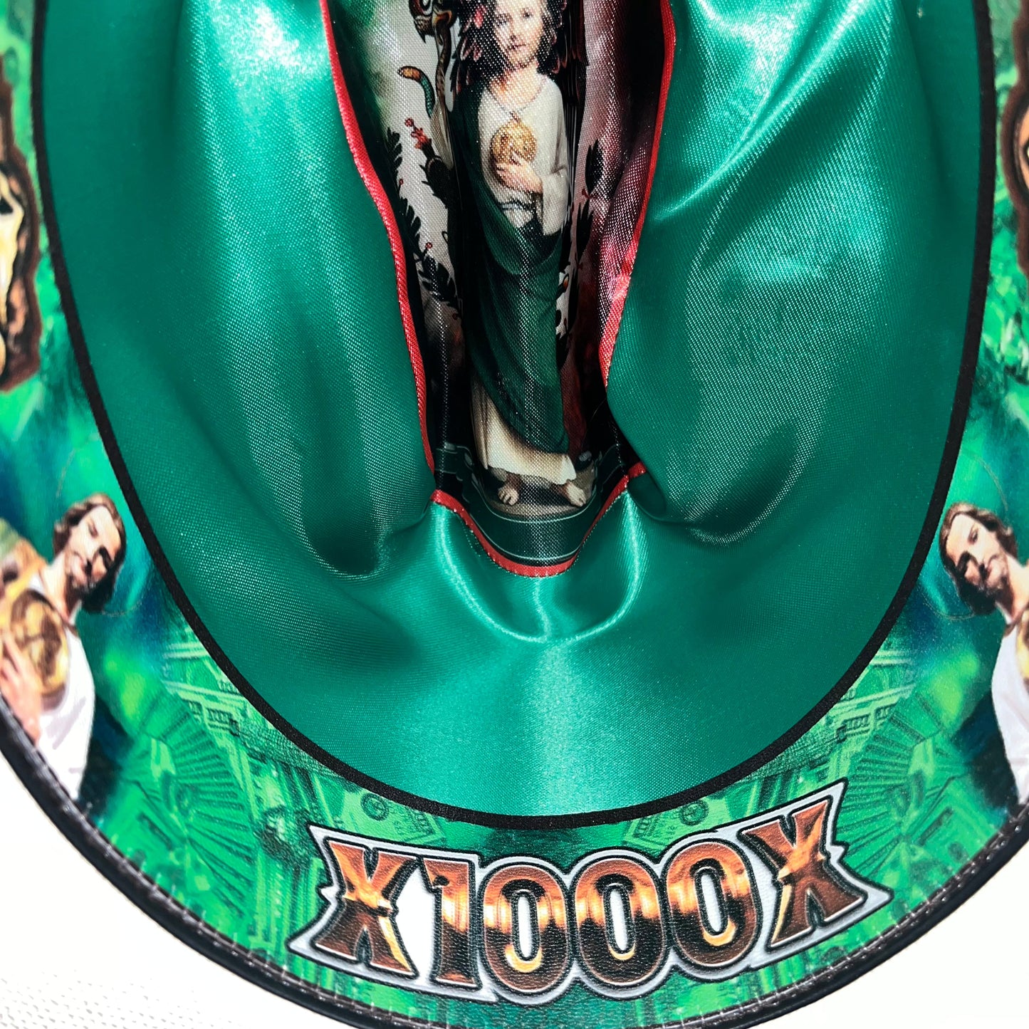 Close-up of turquoise and brown decorative trim on Cerro 1000X San Judas Brown Hat Band Hat