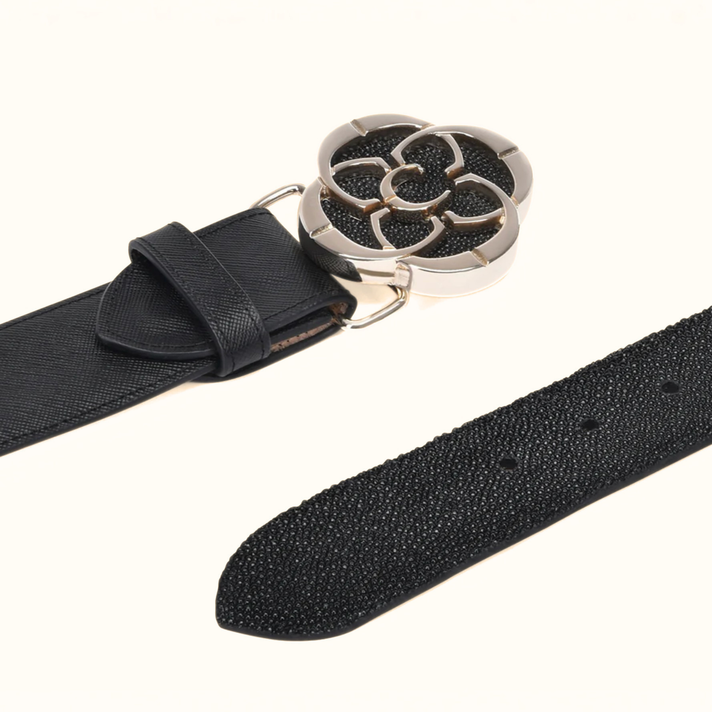 Cuadra genuine stingray leather women’s black belt with floral buckle