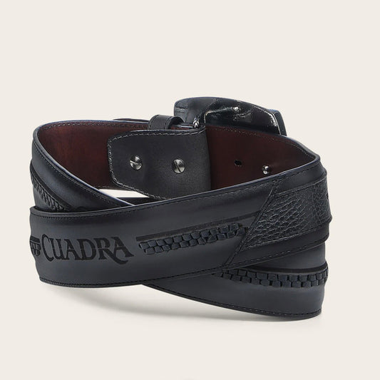 Cuadra black deer leather cowboy belt with engraved buckle