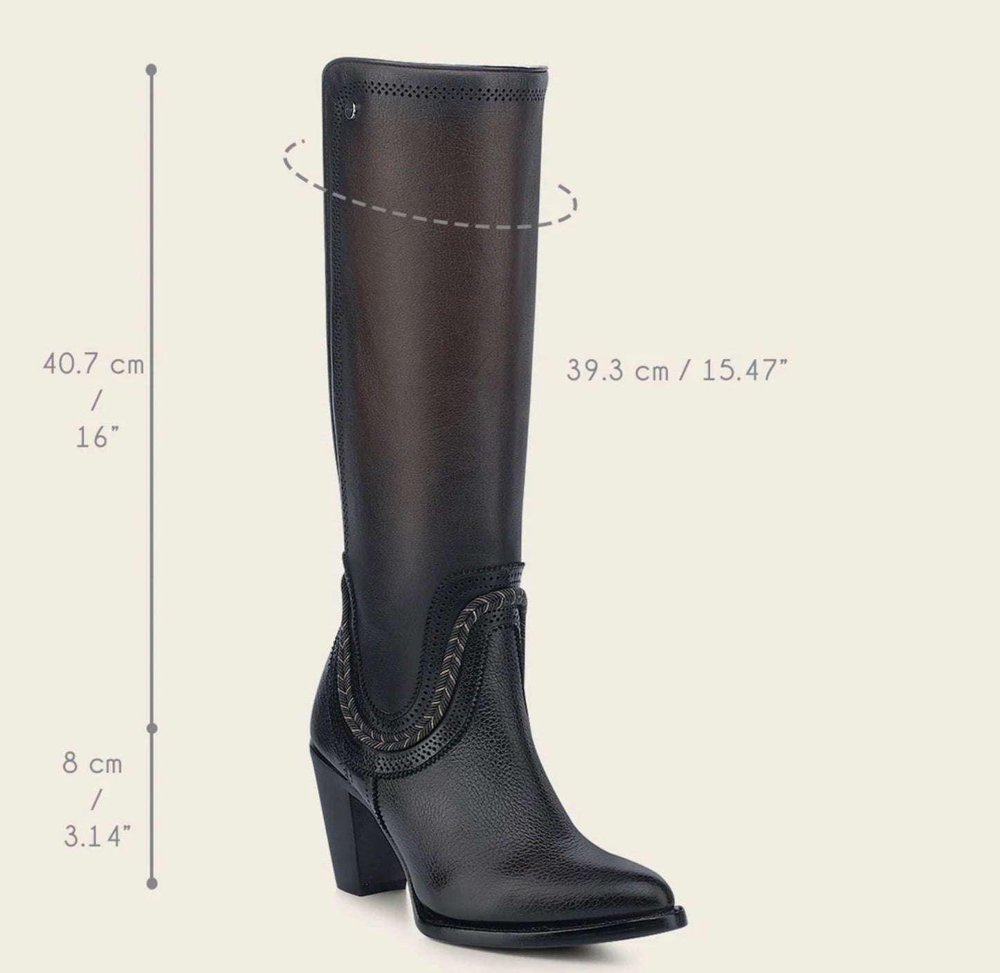 Cuadra Tall Elegant Bovine Boot full side profile in dark brown leather with measurements