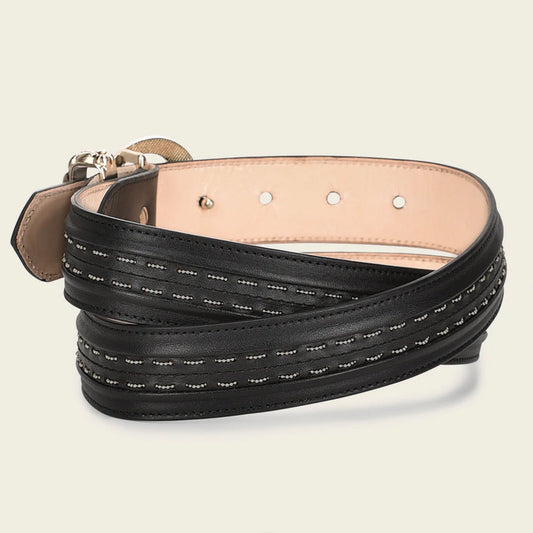 Cuadra black handwoven bovine leather belt with monogram buckle side view