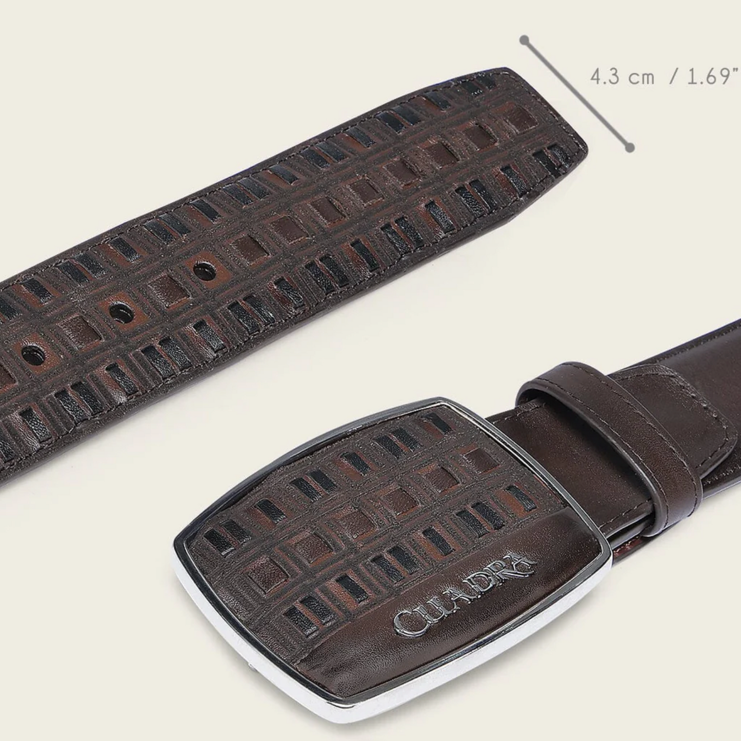 Cuadra Genuine Leather Belt laid flat showing strap and buckle detail with dimensions