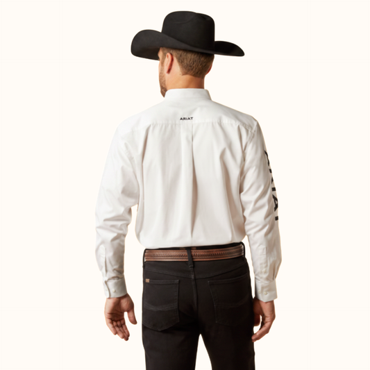 Ariat Team Logo Twill Classic Fit Shirt back view on model in white