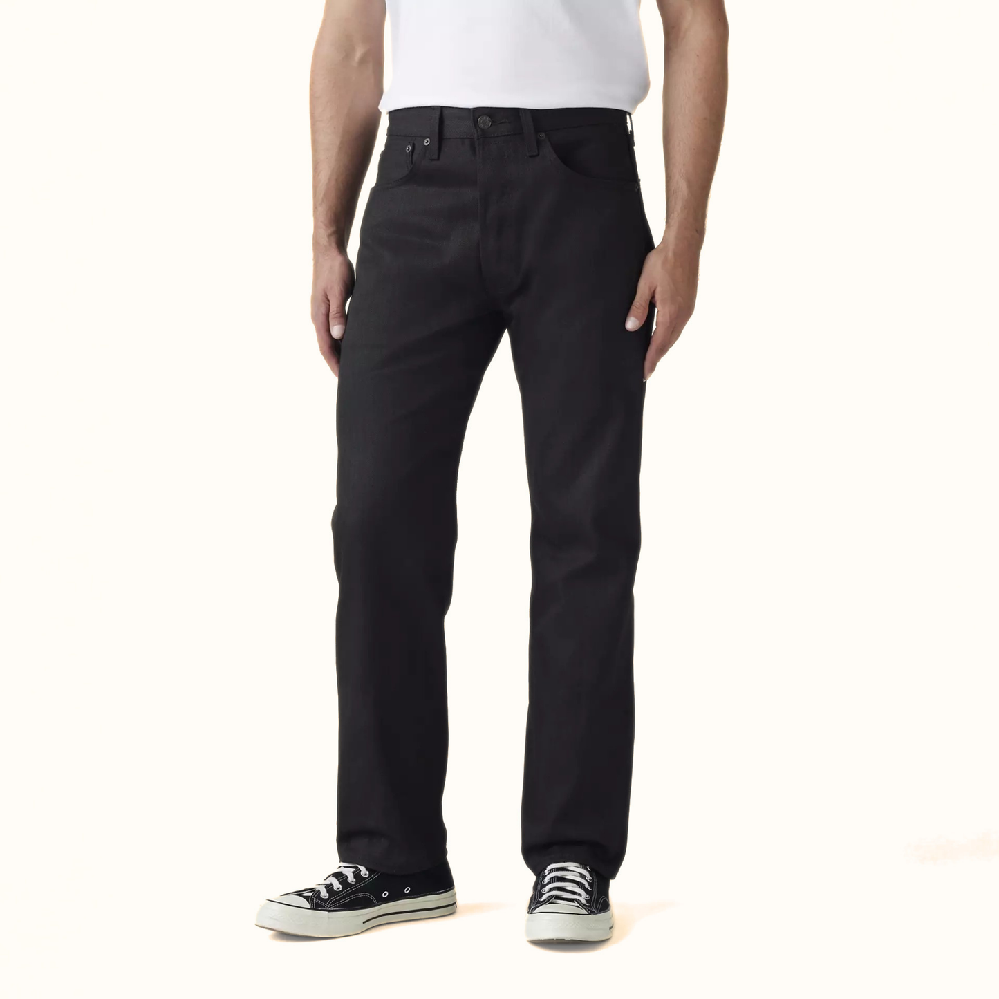 Levi’s 501 Original Shrink-to-Fit Men’s Jeans close-up lower body view in black denim