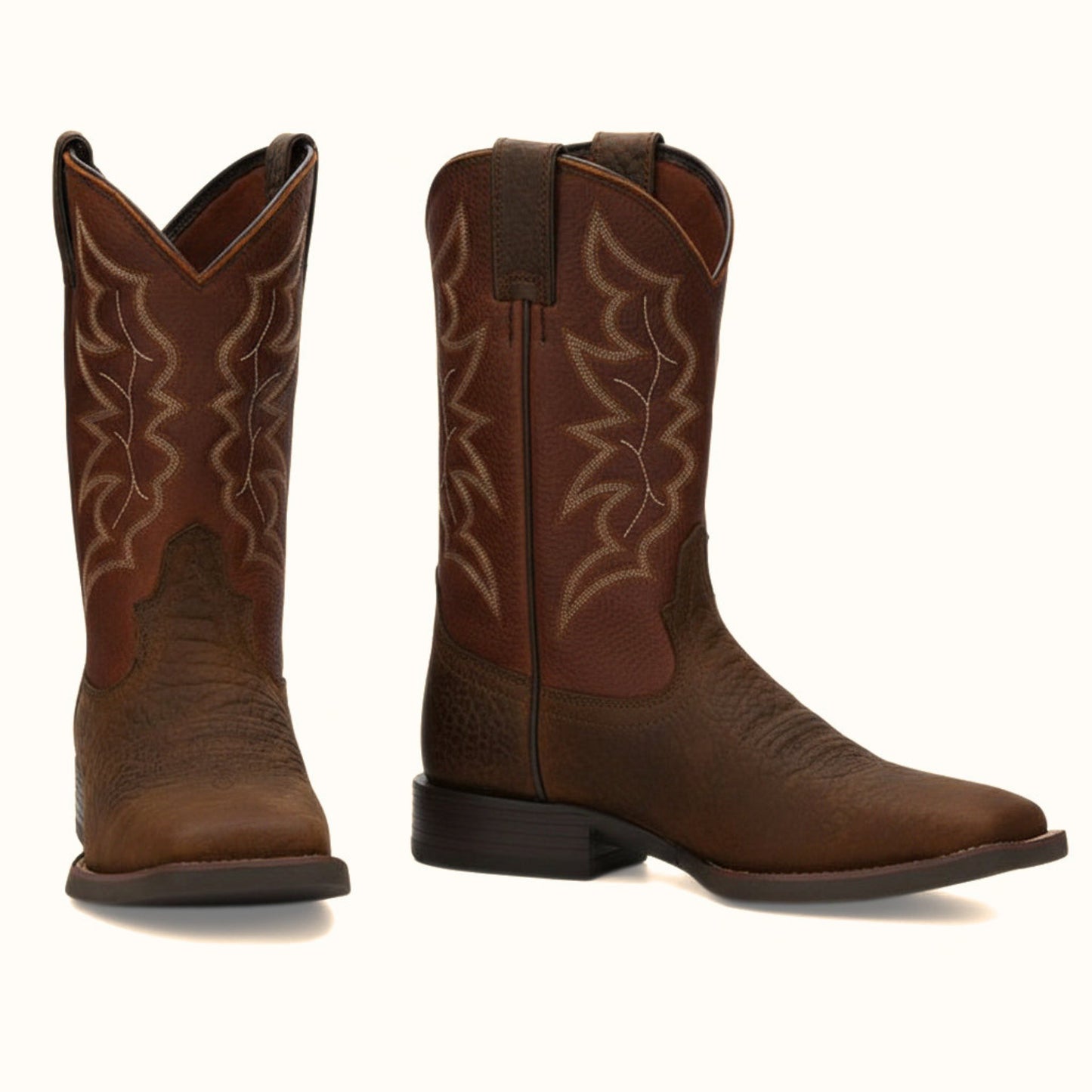 Justin Chet 11 Western Boot pair in brown leather with stitched shaft detail