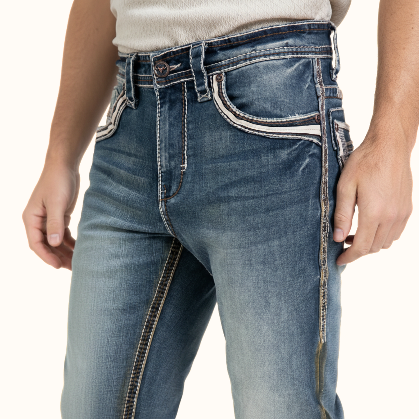 Front pocket detail on Platini Holt Dark Stone boot cut jeans