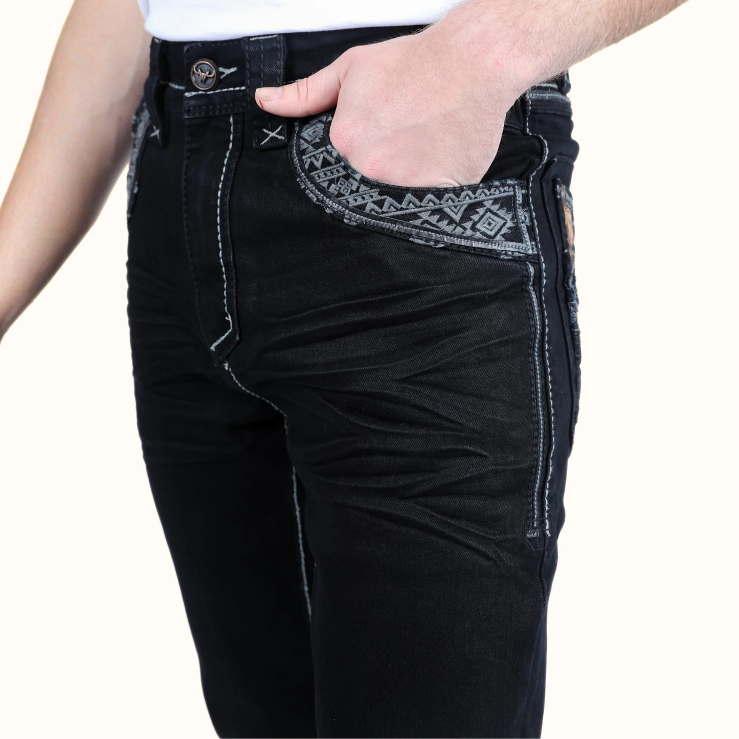 Platini Holt black slim boot cut jeans waist and pocket detail