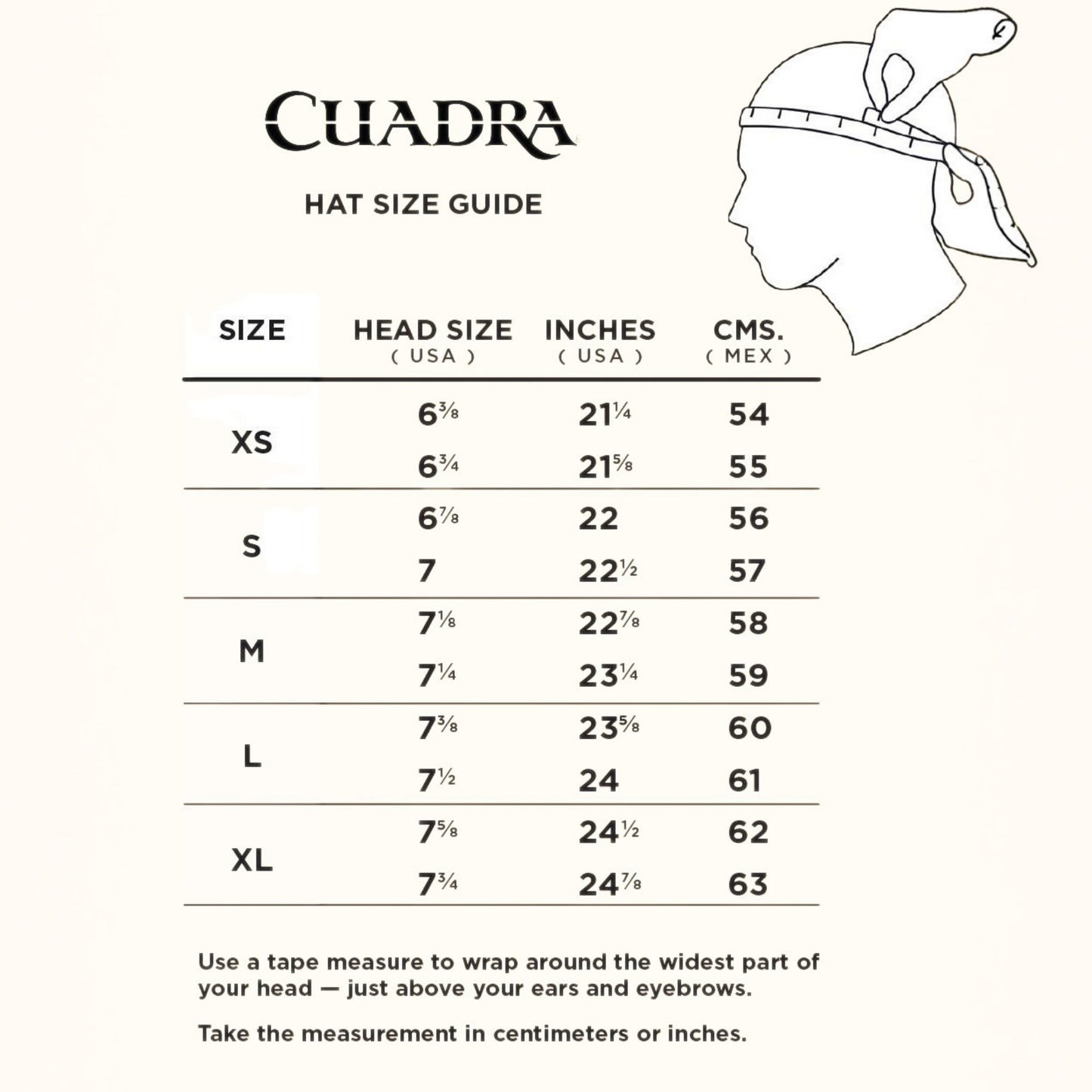 Cuadra 20X Rabbit Fur Western Hat size chart