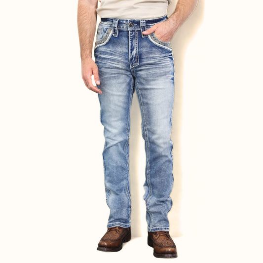 Platini Holt men’s blue slim boot cut jeans full-length front view