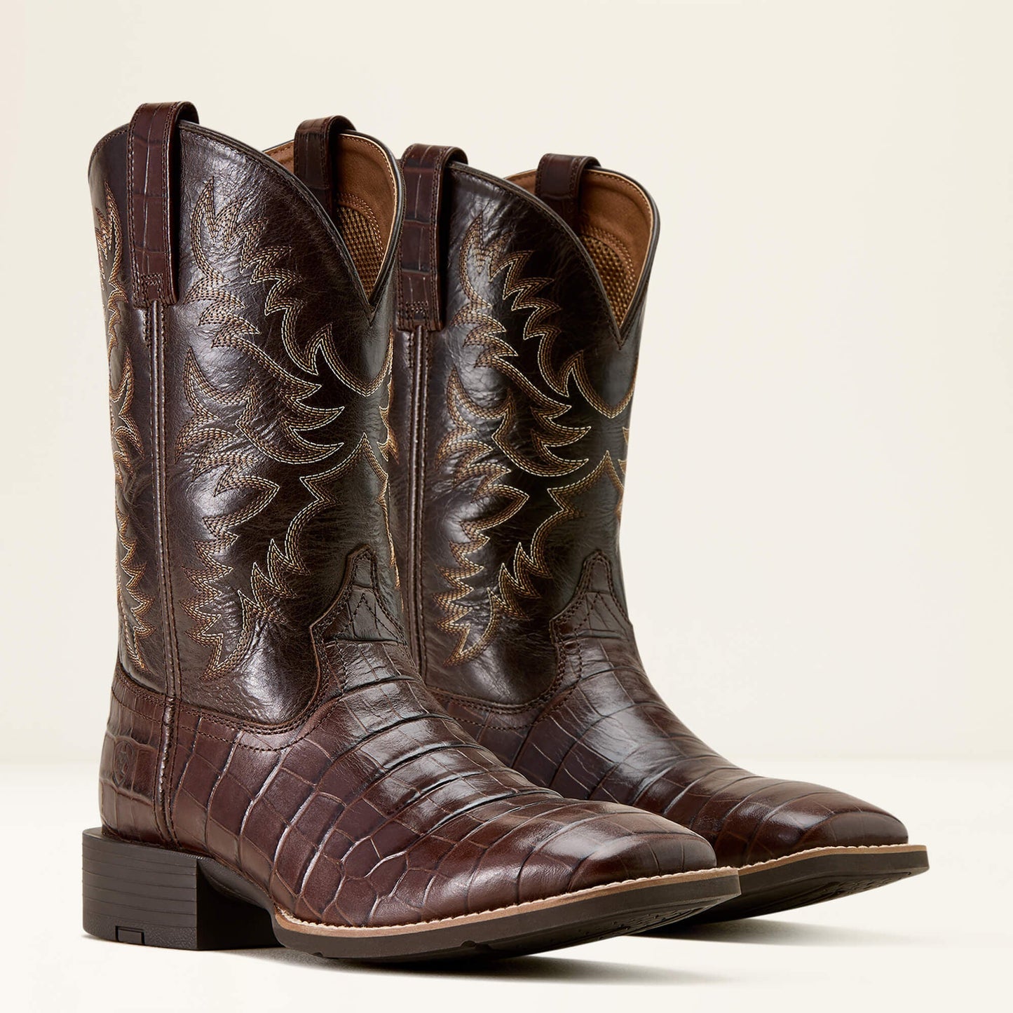 Pair of Ariat Sport Latigo Wide Square Toe Cowboy Boots in brown leather
