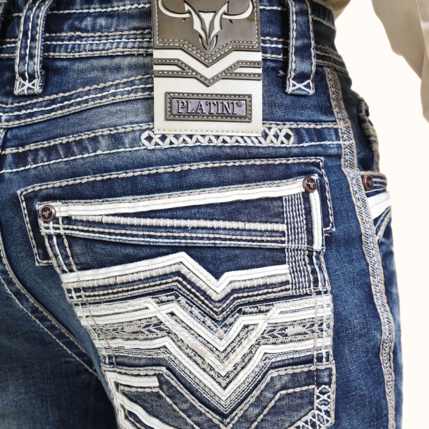 Back pocket detail of Platini Blue Holt slim boot cut jeans