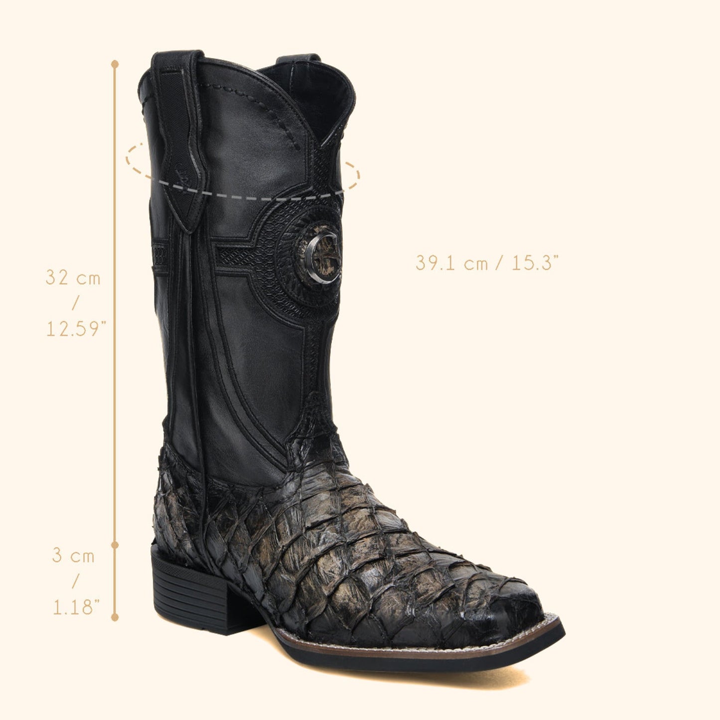 Cuadra Black Pirarucu & Orix Western Boots angled view with dimensions