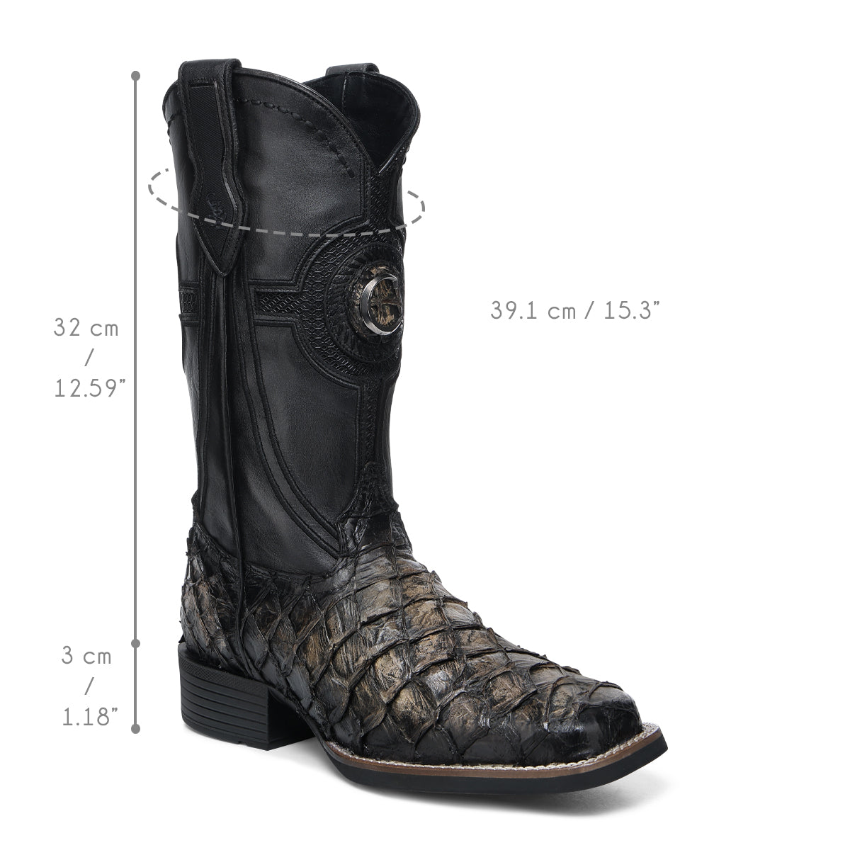 Black & Orix Pirarucu Studs & Embroidery & Woven Square Toe