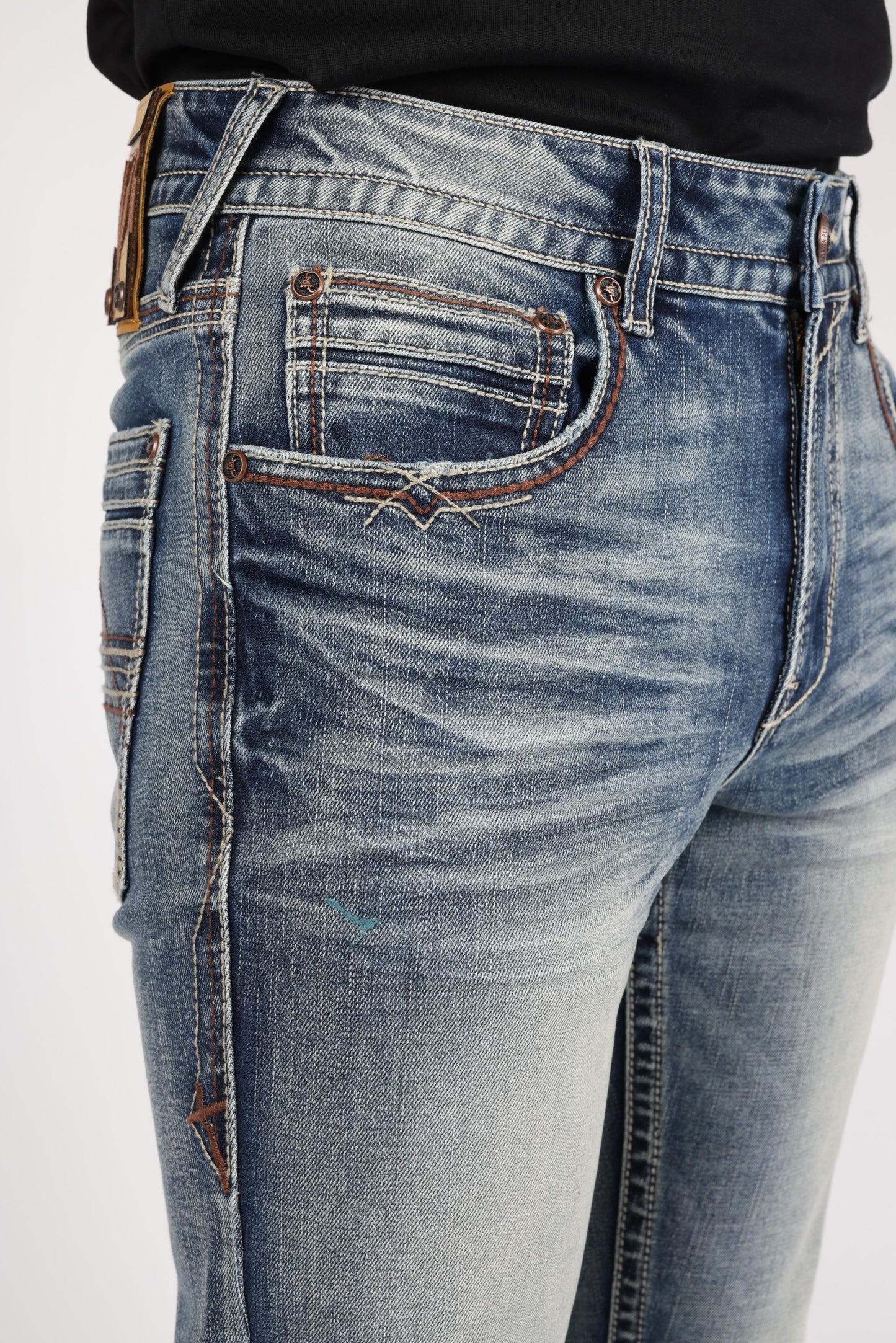 Platini Holt blue boot cut jeans waist and front pocket detail