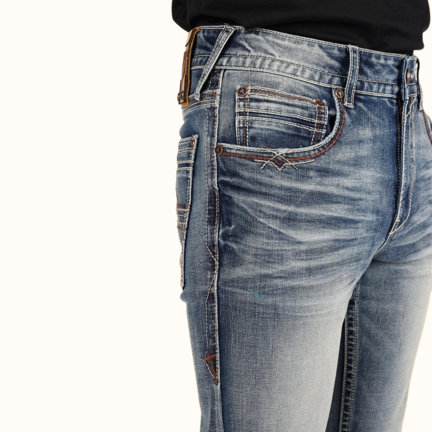 Platini Holt blue boot cut jeans waist and front pocket detail