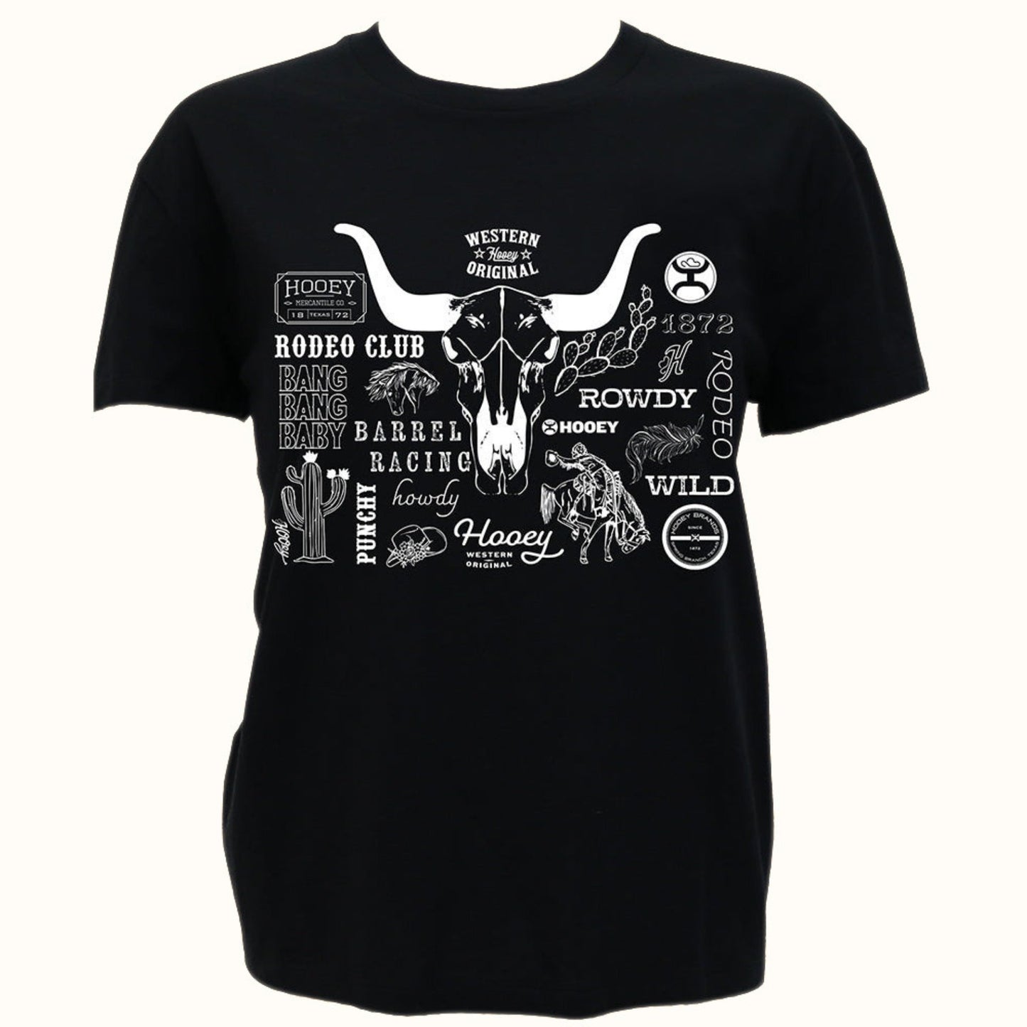 Hooey Round Up Black Rodeo Logo T-Shirt front view in black with white rodeo graphic