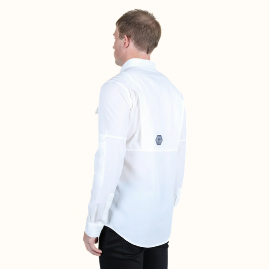 Platini Men’s Fishing White Long Sleeve Shirt back angle view