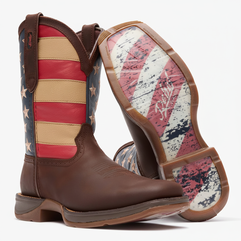 Pair of Durango Rebel Patriotic Pull-On Western Flag Boots in brown with American flag design