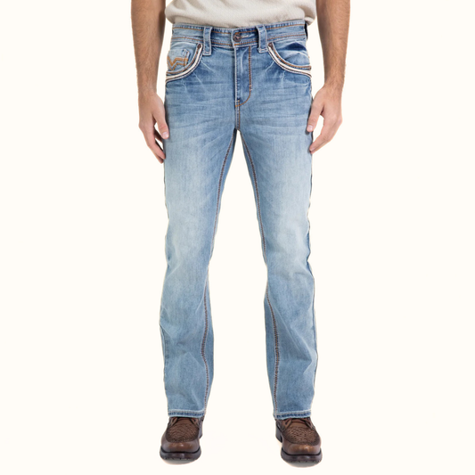 Platini Holt men’s light blue slim boot cut jeans full-length front view