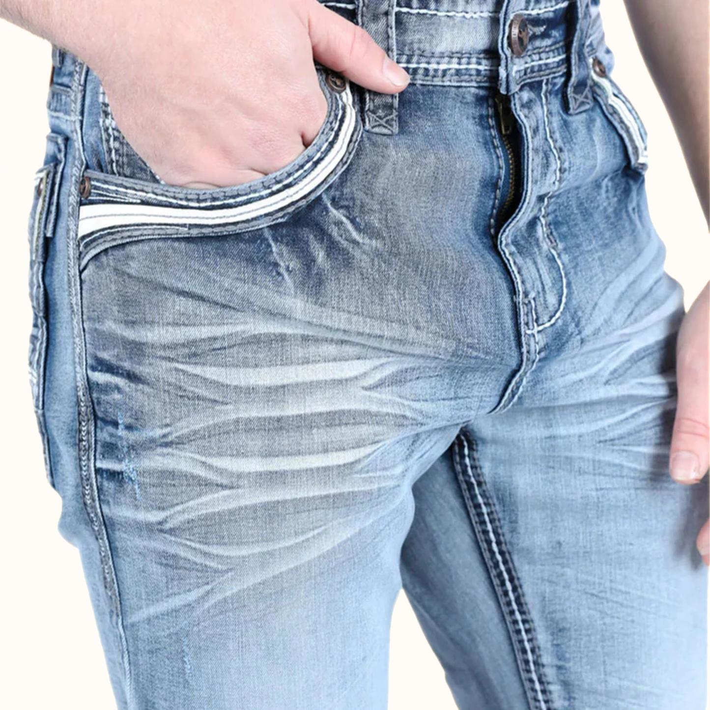 Front pocket detail of Platini Light Blue boot cut jeans