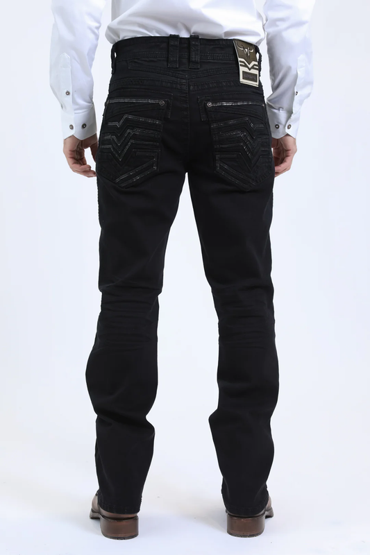 Platini Holt Men’s Black Slim Boot Cut Jeans full front view on model