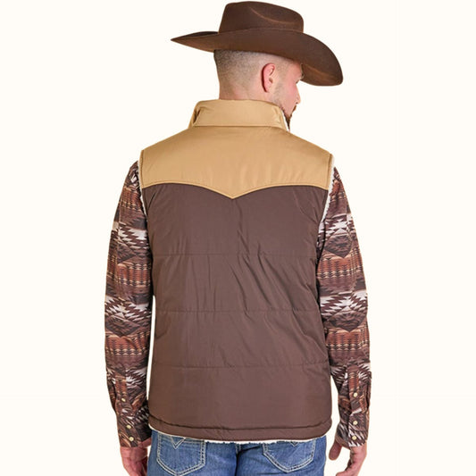 Rock & Roll Denim Reversible Puffer Vest brown back view